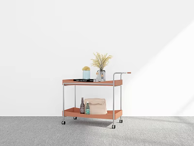 Two Tier Rolling Cart With Wooden Shelves Metal Frame Dried Flowers And Containers 3d model