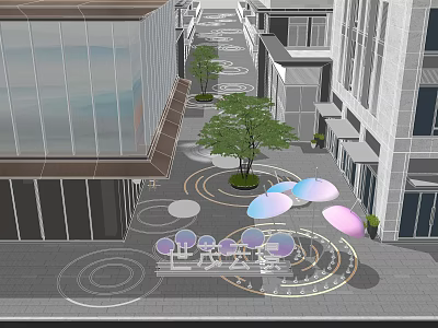 Modern Commercial Landscape With Buildings Street Tree Circular Designs And Pedestrian Umbrellas 3d model