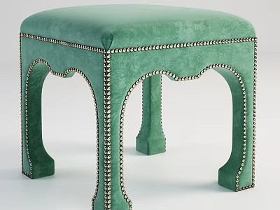 Elegant Green Velvet Ottoman With Gold Nailhead Trim And Curved Legs Design 3d model