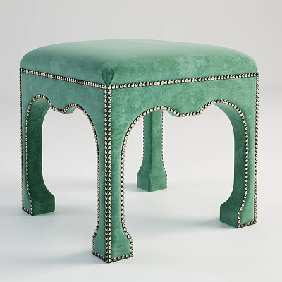 Elegant Green Velvet Ottoman With Gold Nailhead Trim And Curved Legs Design 3d model