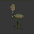 Rustic Wooden Stool With Round Backrest Sturdy Metal Frame And Adjustable Wheeled Base 3d model