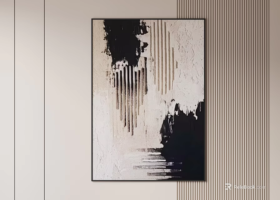 Modern Abstract Painting With Black Brushstrokes And Textured White Background Hanging On Wall 3d model 
