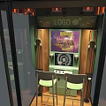 Enclosed Public Booth With Glass Walls Green Bar Counter Chairs Ceiling Lights LOGO Sign