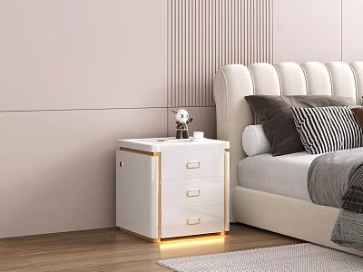 White Nightstand With Gold Accents Next To Beige Upholstered Headboard In Pink Striped Wall Bedroom 3d model