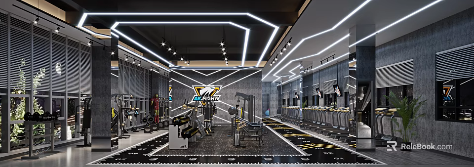 Modern Gym Interior For Fitness With Diverse Equipment And Lighting 3d model 