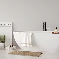 Modern Freestanding Bathtub Interior With Green Armchair Towel Bath Products And Mat