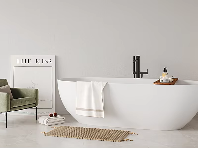 Modern Freestanding Bathtub Interior With Green Armchair Towel Bath Products And Mat 3d model