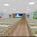 Modern Conference Room Interior with Tables Chairs Large Screen Green Wall Decor and Wooden Flooring