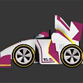 Cartoon Style White Pink Yellow Race Car With Large Wheels Rear Wing And Geometric Patterns