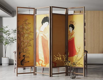 Three Panel Oriental Wooden Screen With Traditional Female Figure Paintings And Decorative Plants 3d model