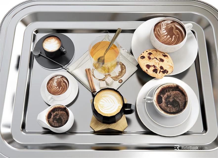 Assorted Coffee Cups With Latte Espresso And Cookies On Silver Tray 3d model 