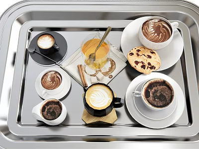 Assorted Coffee Cups With Latte Espresso And Cookies On Silver Tray 3d model