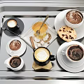 Assorted Coffee Cups With Latte Espresso And Cookies On Silver Tray 3d model