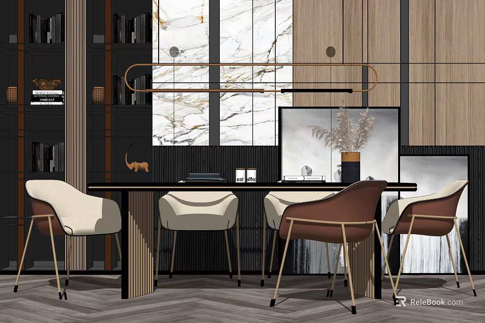 Modern Dining Table Set With Beige Brown Chairs Metal Legs Marble Wall Bookshelves And Plants 3d model 