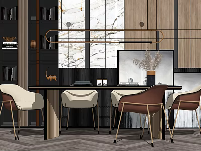 Modern Dining Table Set With Beige Brown Chairs Metal Legs Marble Wall Bookshelves And Plants 3d model