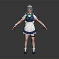 Woman in Blue and White Maid Outfit with Green Hair and Apron