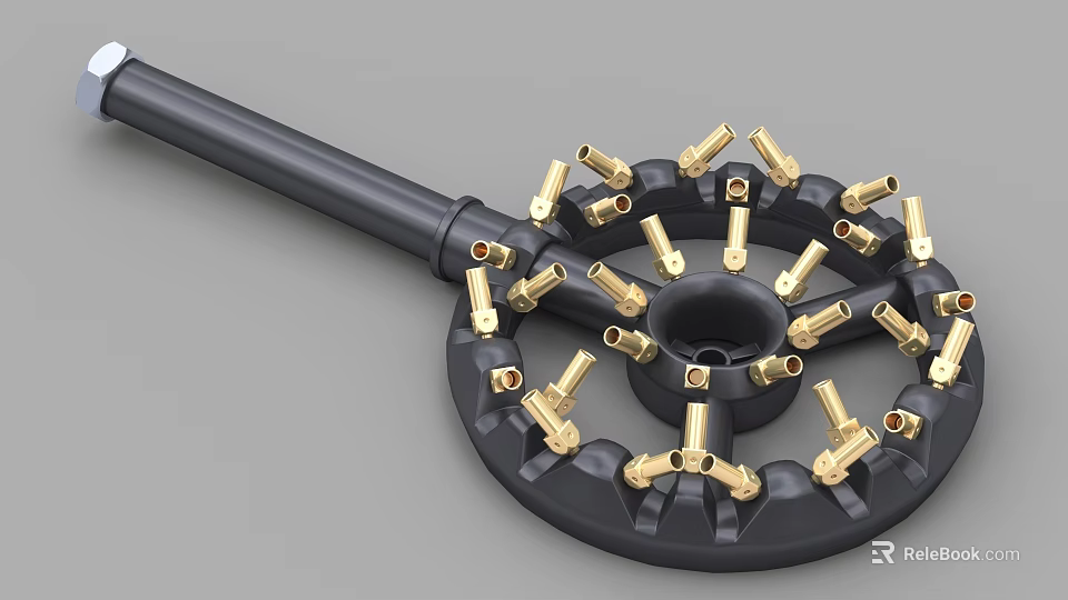 Industrial Equipment Black Base With Gold Metal Rotating Components And Multiple Ports 3d model 