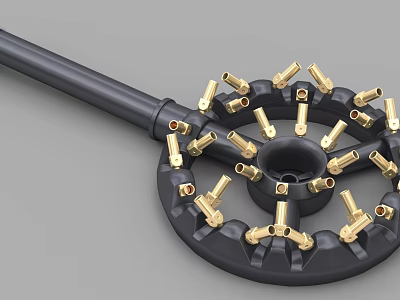 Industrial Equipment Black Base With Gold Metal Rotating Components And Multiple Ports 3d model