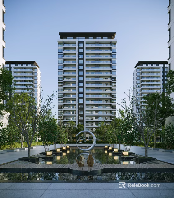 Modern High rise Residential Building With Lush Greenery And Central Water Feature 3d model 