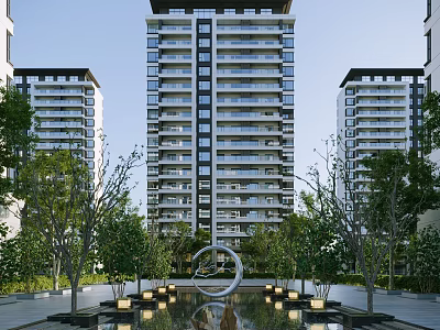 Modern High rise Residential Building With Lush Greenery And Central Water Feature 3d model