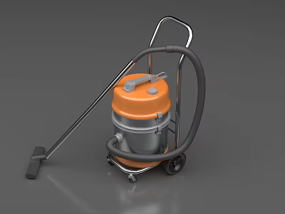 Orange And Silver Barrel Shaped Vacuum Cleaner With Wheels And Long Handle Nozzle Daily Use 3d model
