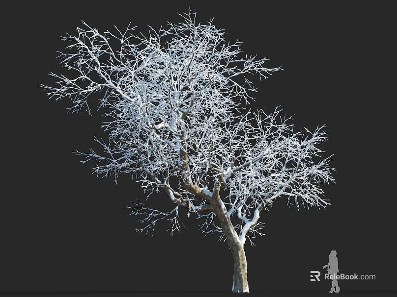 Snow Covered Tree With Bare Branches And Silhouette Figure On Dark Background 3d model 