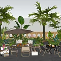 Tropical Garden Landscape With Palm Trees Outdoor Dining Set Umbrella And Lush Greenery