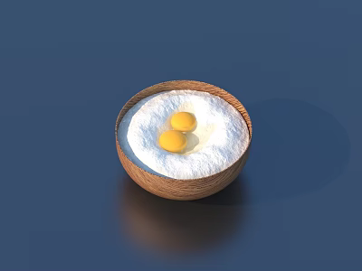 Fresh Flour in Wooden Bowl with Two Egg Yolks on Top 3d model
