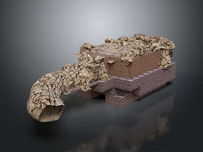 Cartoon Scene With Stone Structure Broken Bricks Curved Pipe And Platform Base 3d model