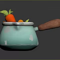 Light Blue Pot with White Spots Wooden Handle Purple Accent Carrot and Soup Inside