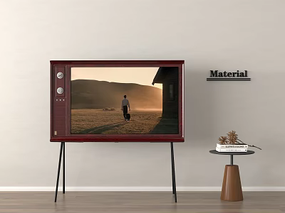 Vintage Wooden Frame Television on Stand Showing Scenic Sunset Path with Material Sign 3d model