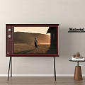 Vintage Wooden Frame Television on Stand Showing Scenic Sunset Path with Material Sign