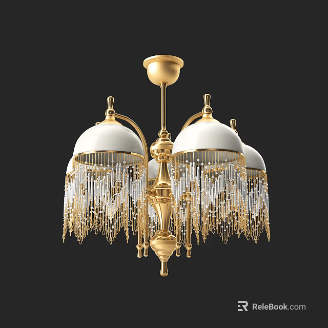 Classical Luxury Golden Chandelier with White Shades and Hanging Fringe Decorations 3d model 