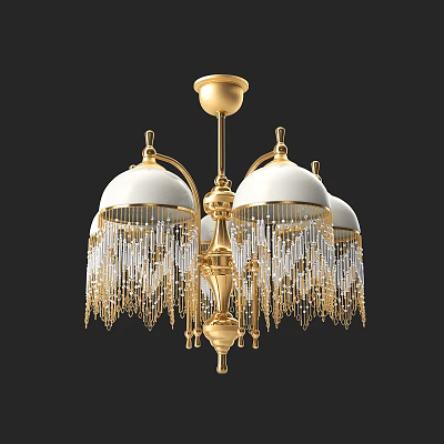 Classical Luxury Golden Chandelier with White Shades and Hanging Fringe Decorations 3d model