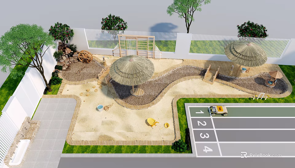 School Building With Kids Sandpit Shade Canopies Parking Lot Trees And White Fence 3d model 