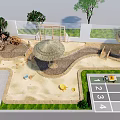 School Building With Kids Sandpit Shade Canopies Parking Lot Trees And White Fence