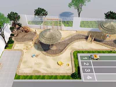 School Building With Kids Sandpit Shade Canopies Parking Lot Trees And White Fence 3d model