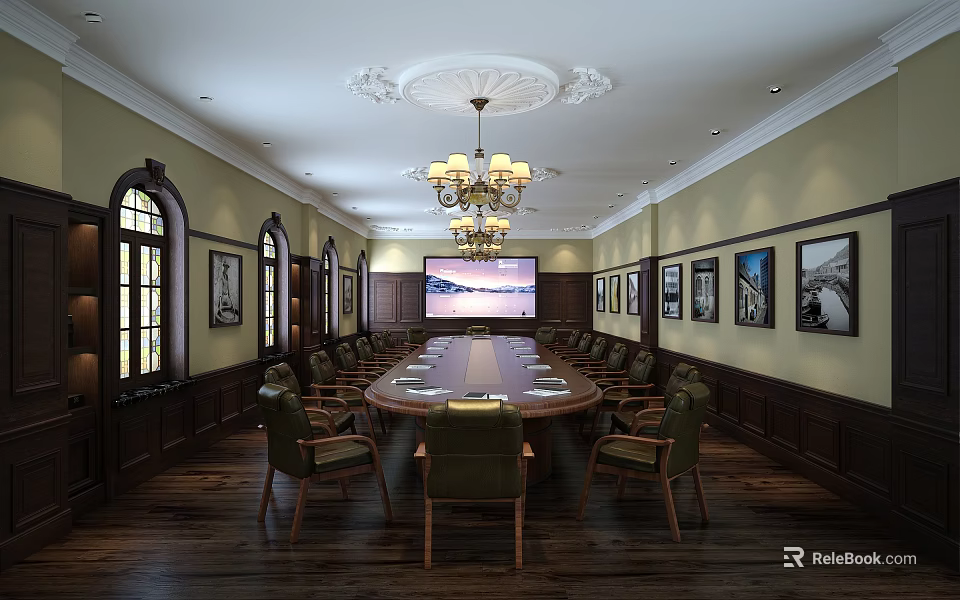 Elegant Conference Room With Chandelier Long Wooden Table Green Chairs Wall Paintings Arched Windows 3d model 