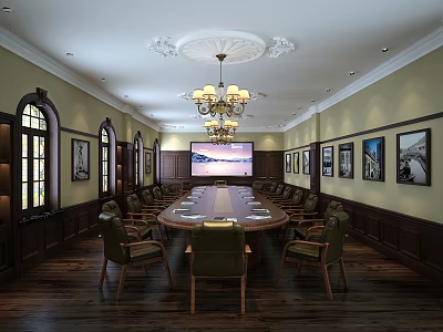 Elegant Conference Room With Chandelier Long Wooden Table Green Chairs Wall Paintings Arched Windows 3d model