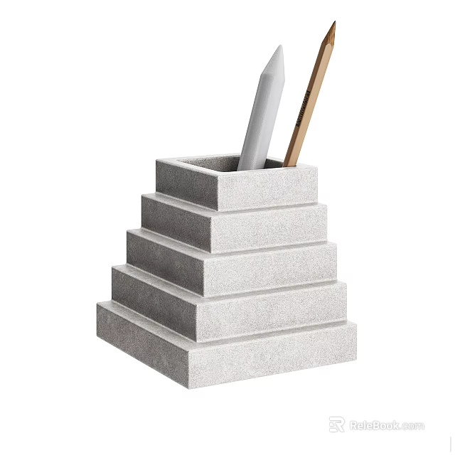 Gray Concrete Step Shaped Pen Holder With White And Wooden Pens For Desk Decor 3d model 