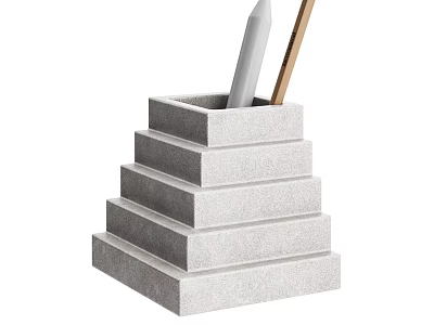 Gray Concrete Step Shaped Pen Holder With White And Wooden Pens For Desk Decor 3d model