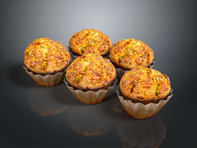 Six Golden Freshly Baked Muffins With Crunchy Topping On Dark Surface 3d model
