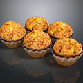 Six Golden Freshly Baked Muffins With Crunchy Topping On Dark Surface