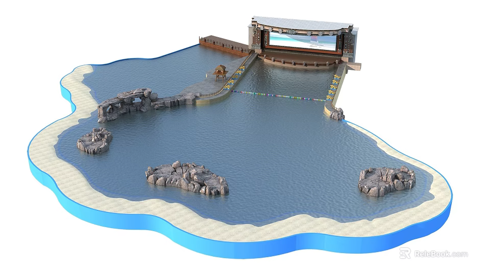 Outdoor Water Amusement Equipment With Performance Stage Walkway And Rock Features 3d model 