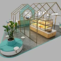 Modern Milk Tea Shop with Golden Frame Glass Structure Counter Tables and Chairs Plants