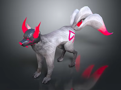 Mystical Gray Creature With Red Horns Fluffy Tails And Red Markings 3d model
