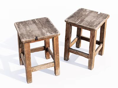 Vintage Wooden Stools With Worn Square Seat And Rustic Design Solid Wood Legs 3d model
