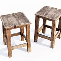 Vintage Wooden Stools With Worn Square Seat And Rustic Design Solid Wood Legs 3d model