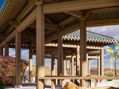 Traditional Open Wooden Pavilion Featuring Green Tiled Roof And Stone Surroundings 3d model