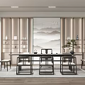 Elegant Modern Tea Room Interior With Mountain Painting Wooden Shelves Tea Sets Tables And Stools